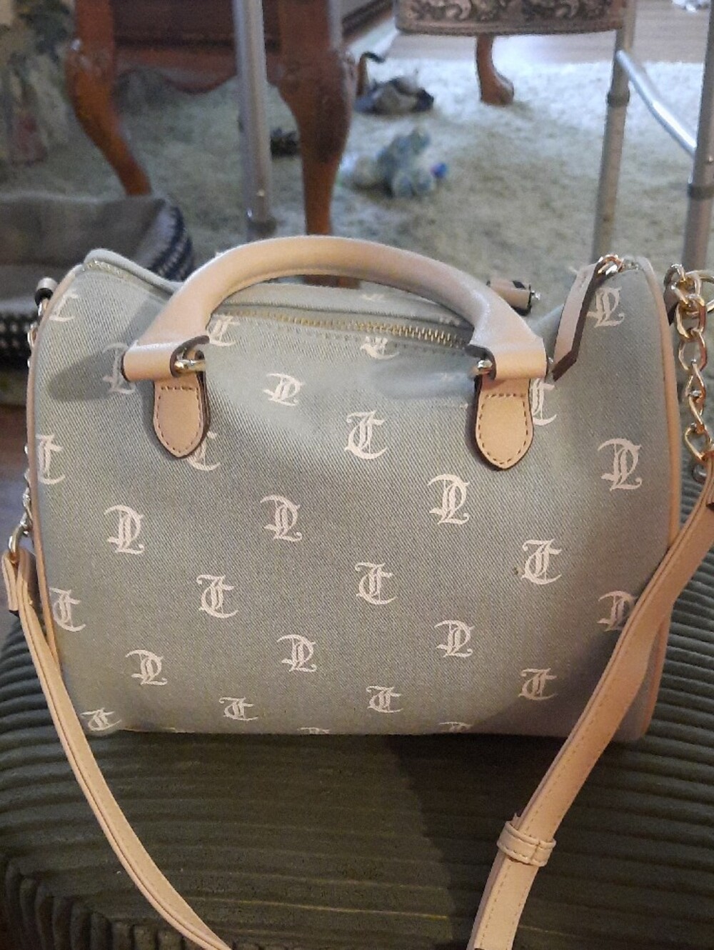 Juicy Couture Gray Monogram Crossbody with Beige Trim and Red Strawberry Charm - Picture 3 of 5
